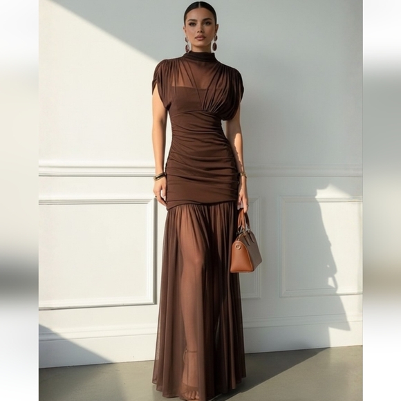 Zara Dresses & Skirts - Zara Brown Draped Maxi Dress with Sheer Skirt